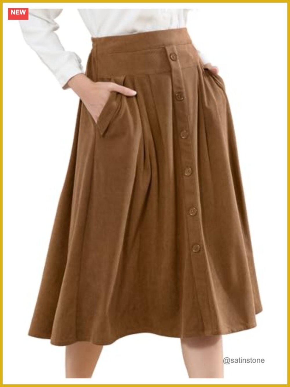 Corduroy Pleated Midi Skirt High Waist A-Line with Pockets